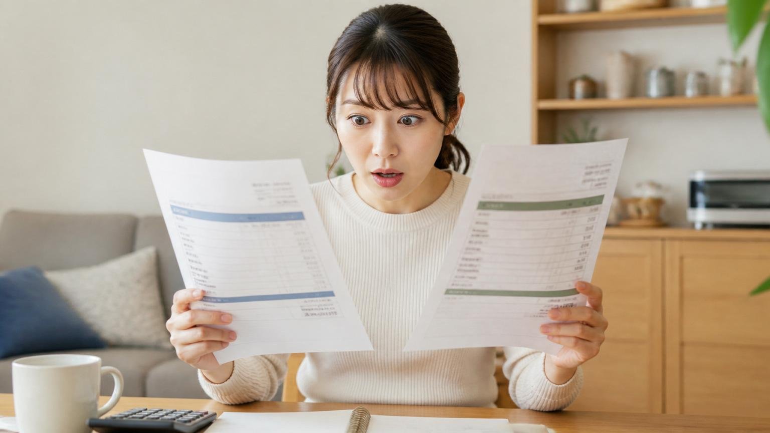 同じ条件で2社以上に見積もりを出してもらう 自宅の食卓で女性1人が2枚の見積書を見比べて驚いた顔をする