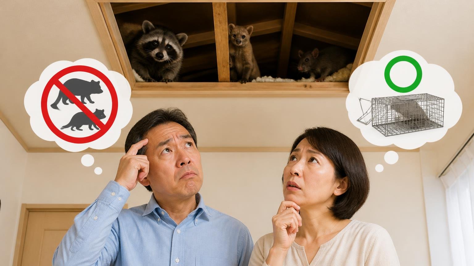 自分で捕まえていい害獣とダメな害獣の法律の線引き、木造戸建ての天井裏を見上げて悩む住人2人