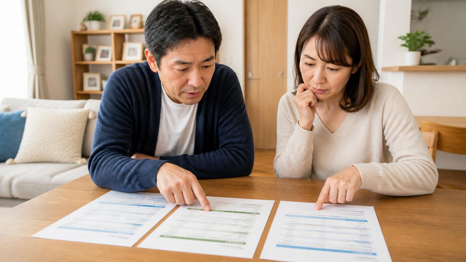 同条件の見積もりを2〜3枚並べる。リビングのテーブルで40代夫婦が3枚の見積書を広げ指さして比べる