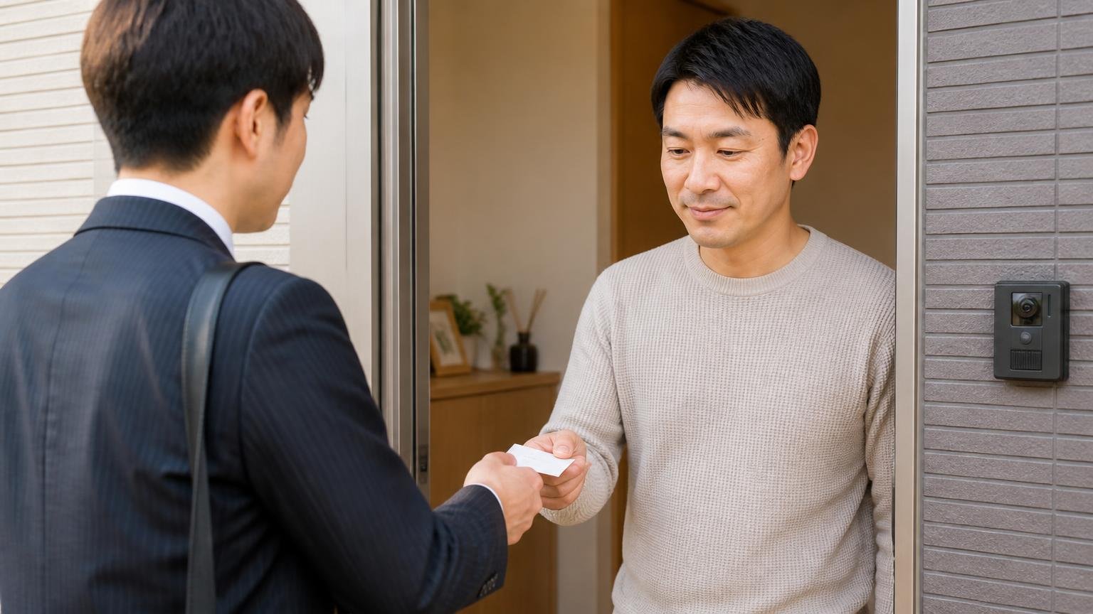 訪問営業を受けた場合のその場での動き方 玄関先で住人1人が訪問営業の名刺を受け取り落ち着いた表情