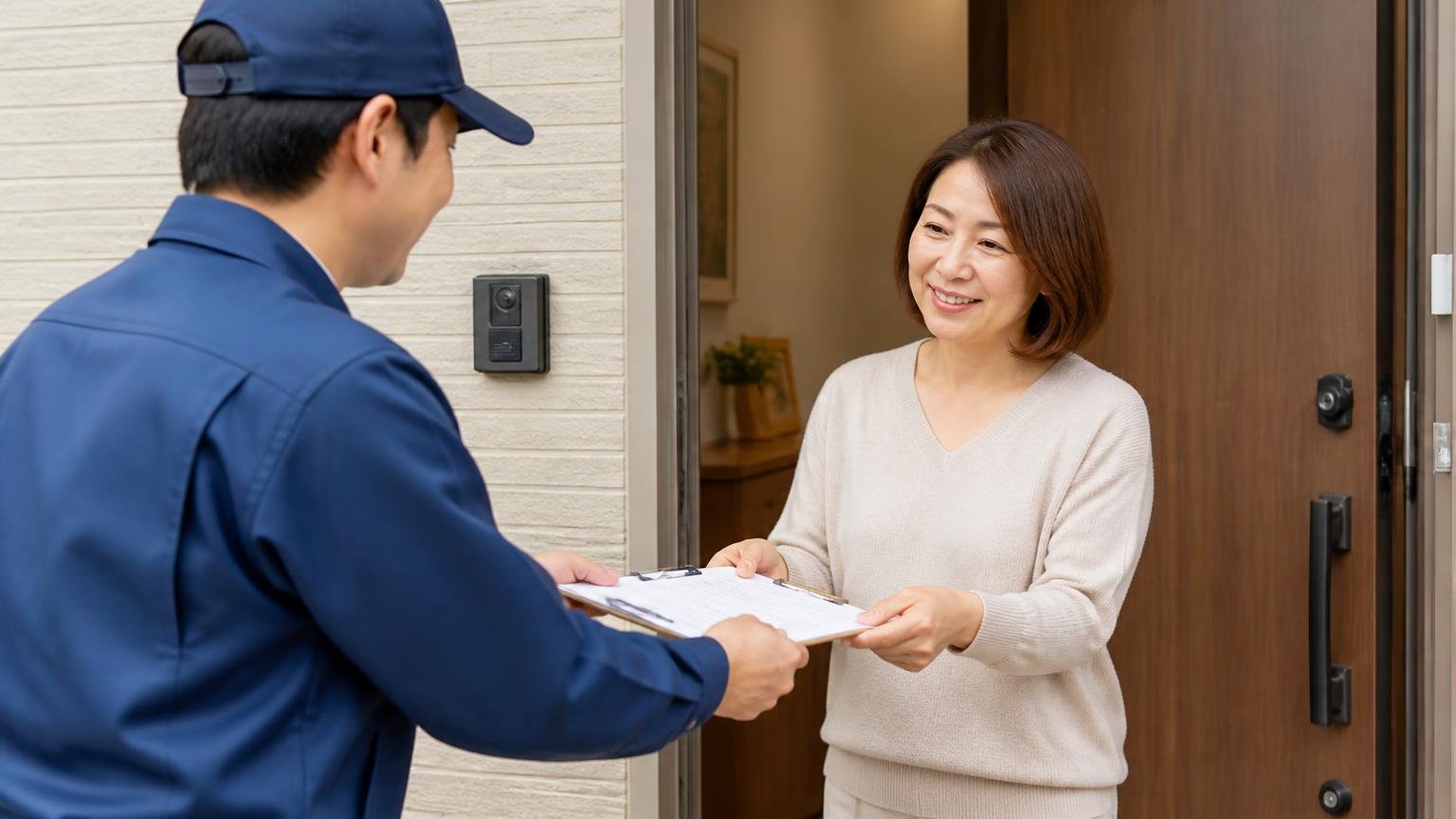 相見積もりは同じ条件で取る/自宅の玄関で作業員を迎える/40代女性1人と作業員1人/玄関先で書類を受け取る