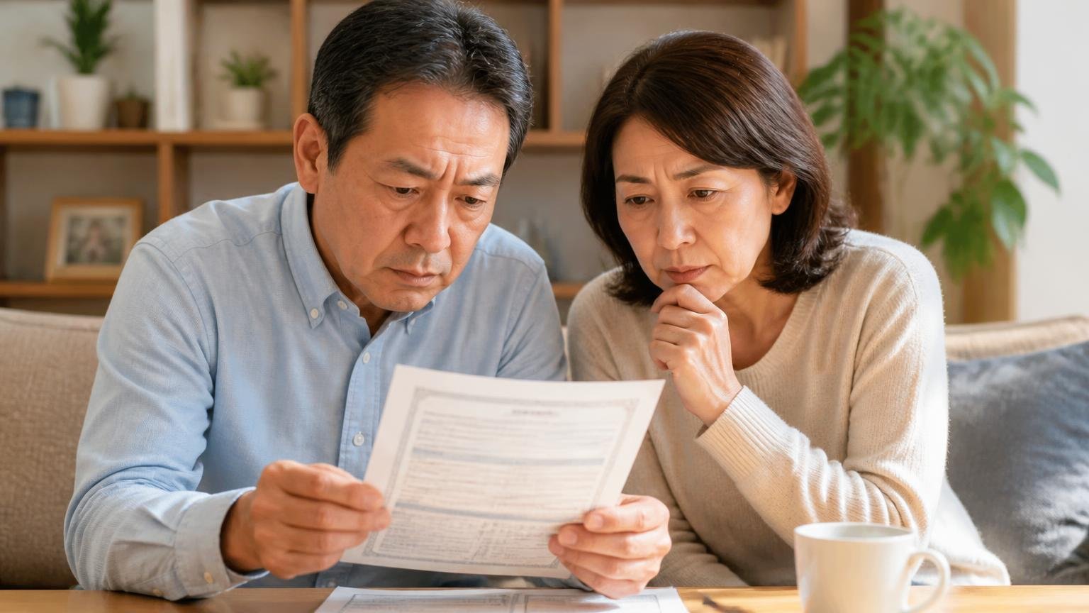 保証は年数ではなく中身で見る。リビングで保証書の条件欄を読み込む50代夫婦が真剣な表情