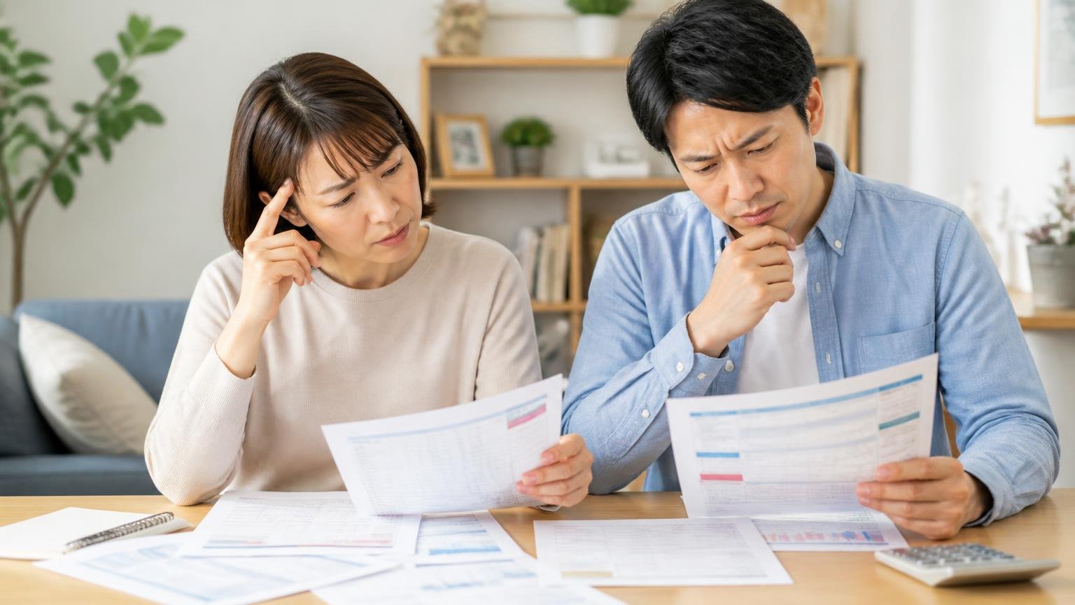 保証年数と対応エリアの記載の食い違いに注意する。リビングのテーブルで女性1人と男性1人が複数の資料を突き合わせて首をかしげる