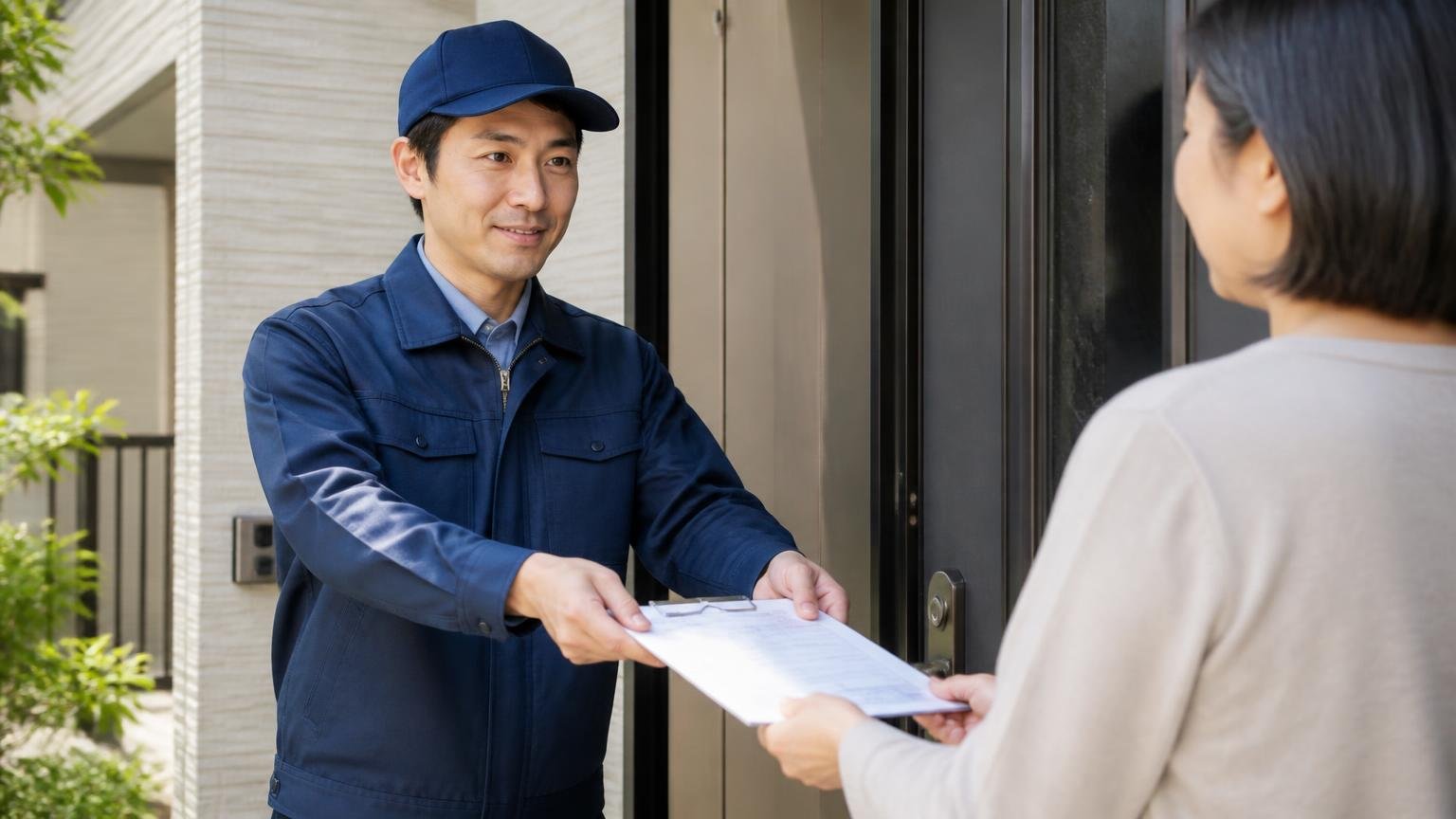 相見積もりの1社目に加えたい見積もり無料の駆除業者。玄関前で作業員1人が住人1人に書面を手渡す場面