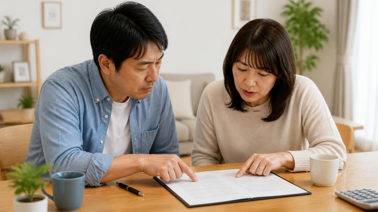 書面でもらっておくこと。ダイニングテーブルで夫婦2人が契約書の記載を指でなぞって確認する