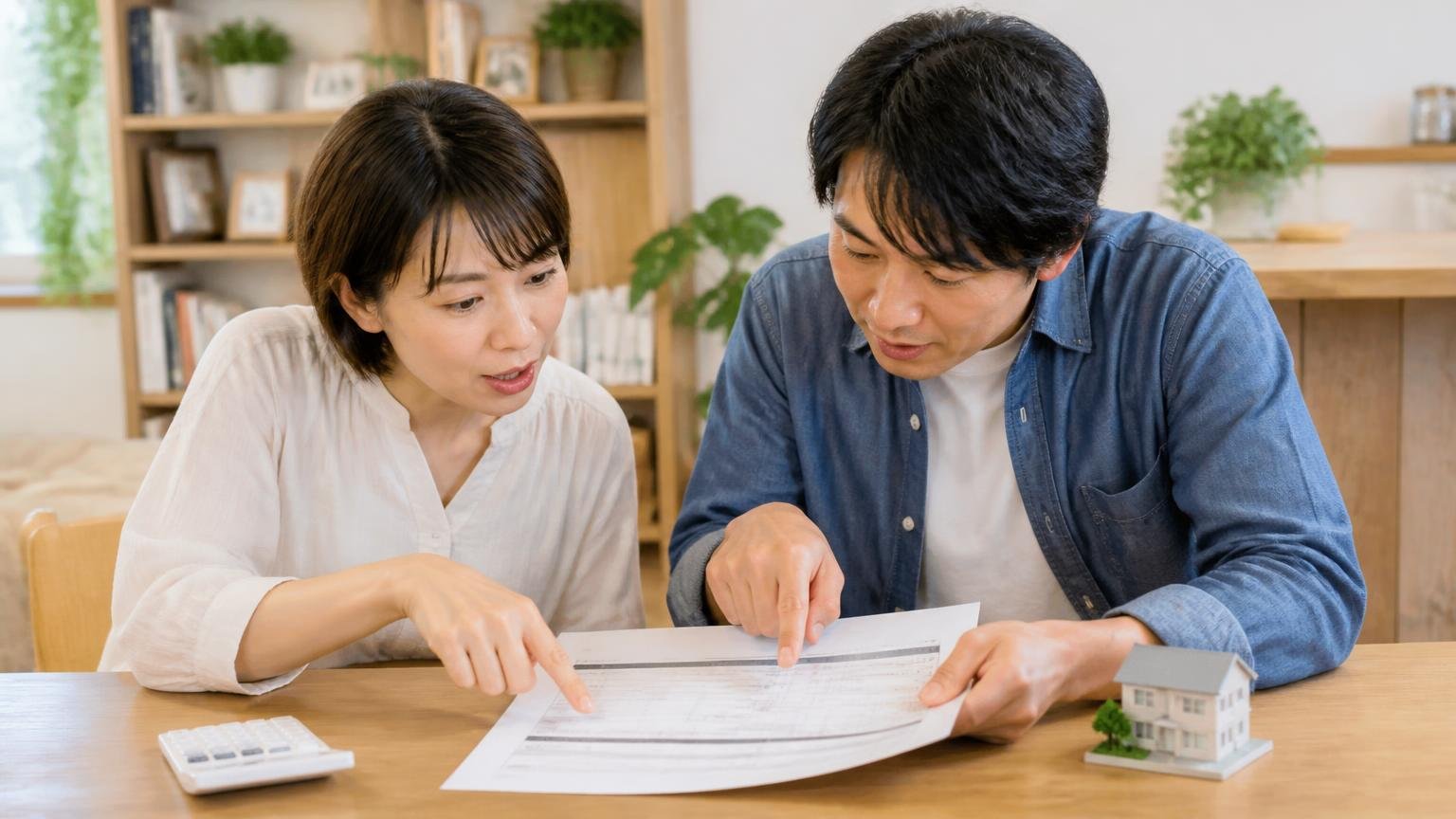 見積書で確認する5項目。ダイニングで住人2人が見積書の作業範囲欄を指差し、一行ずつ確認する