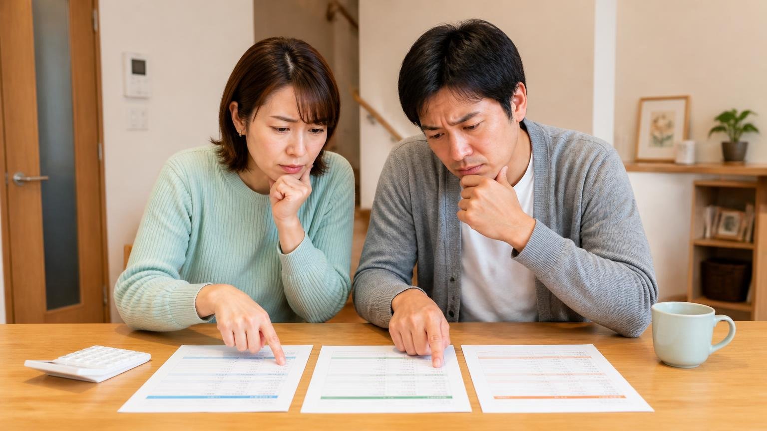 比べる相手がいて初めて分かる。住宅のダイニングで夫婦2人が3社分の見積書を机に並べ、指さしながら見比べる