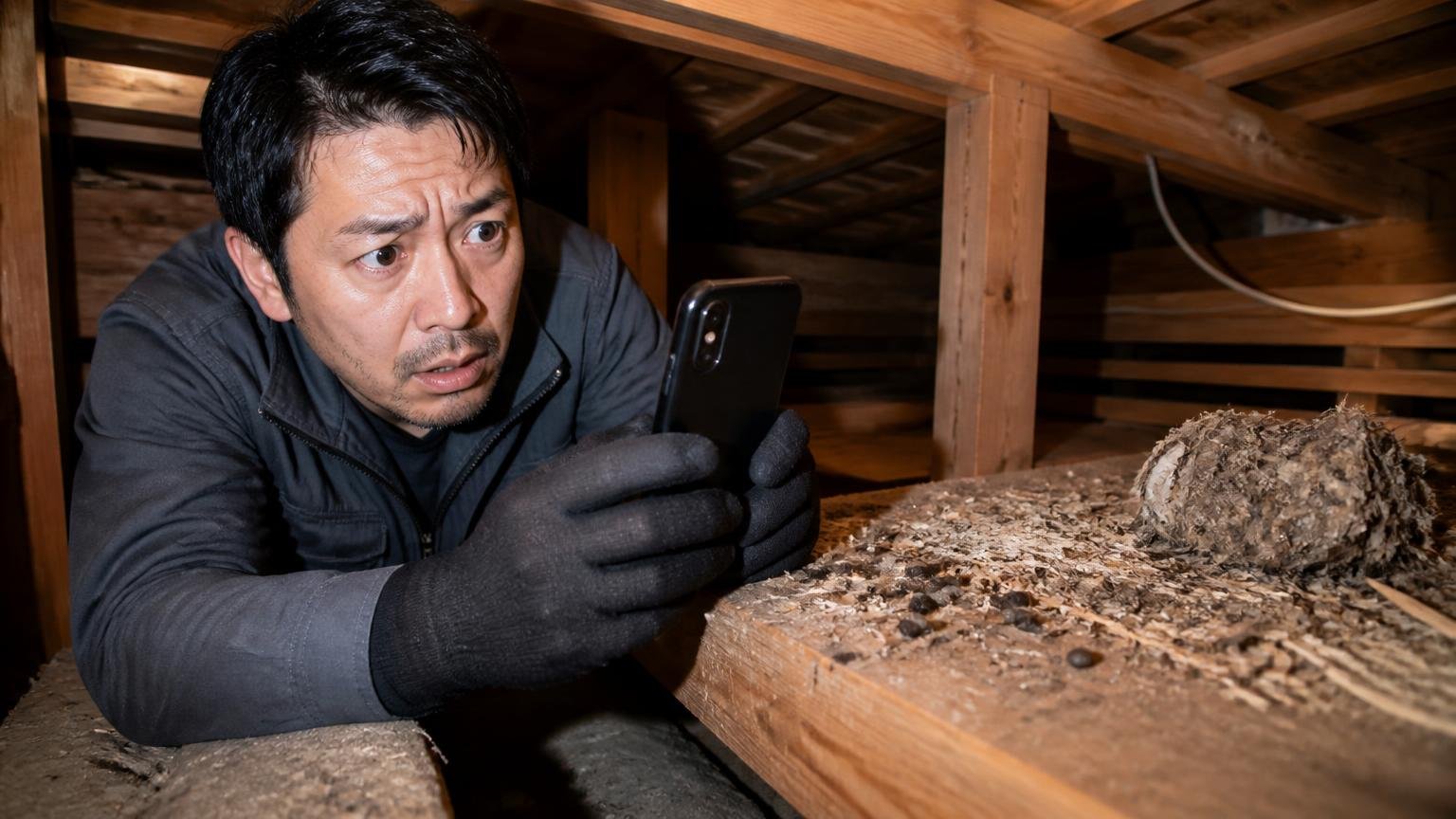 屋根裏で見つけた動物の痕跡をスマホで撮影する。木造戸建ての天井裏で撮影する40代男性が緊張した表情