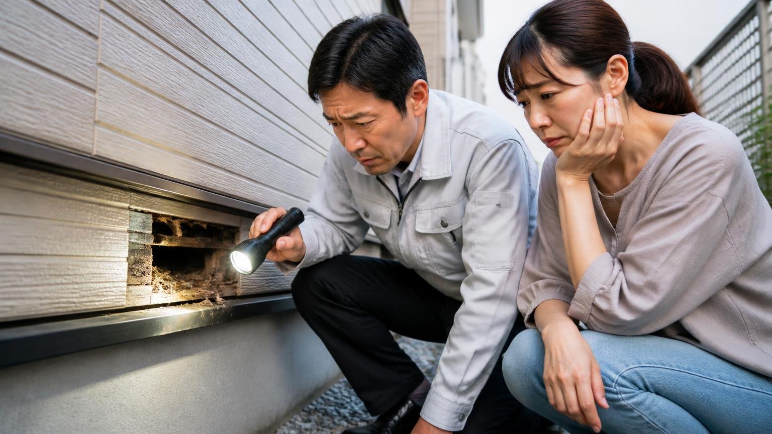 侵入口をふさがず再発してしまう場面。木造戸建ての外壁の隙間を懐中電灯で照らし、住人2人が肩を落とす様子