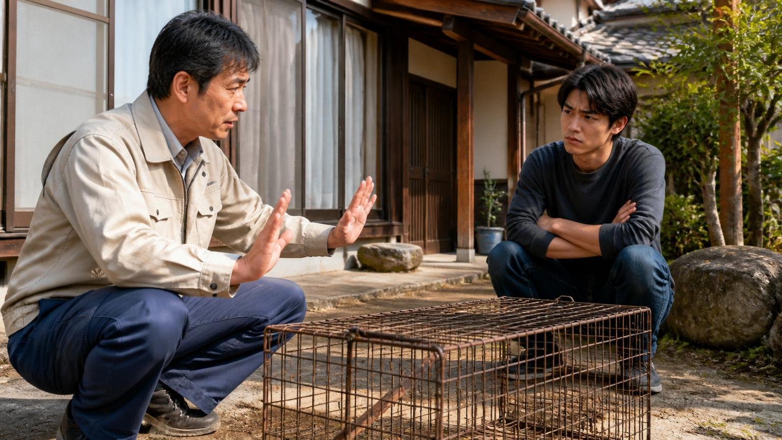 自力捕獲の危険を知る場面。木造戸建ての庭先で捕獲かごを前に腕を組んで止める40代男性1人と20代男性1人
