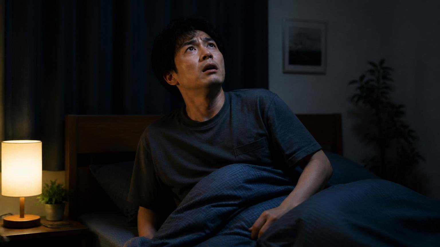 深夜に天井裏の物音で目が覚める場面。暗い寝室で住人1人が上体を起こして天井を見上げ不安そうな表情を浮かべる