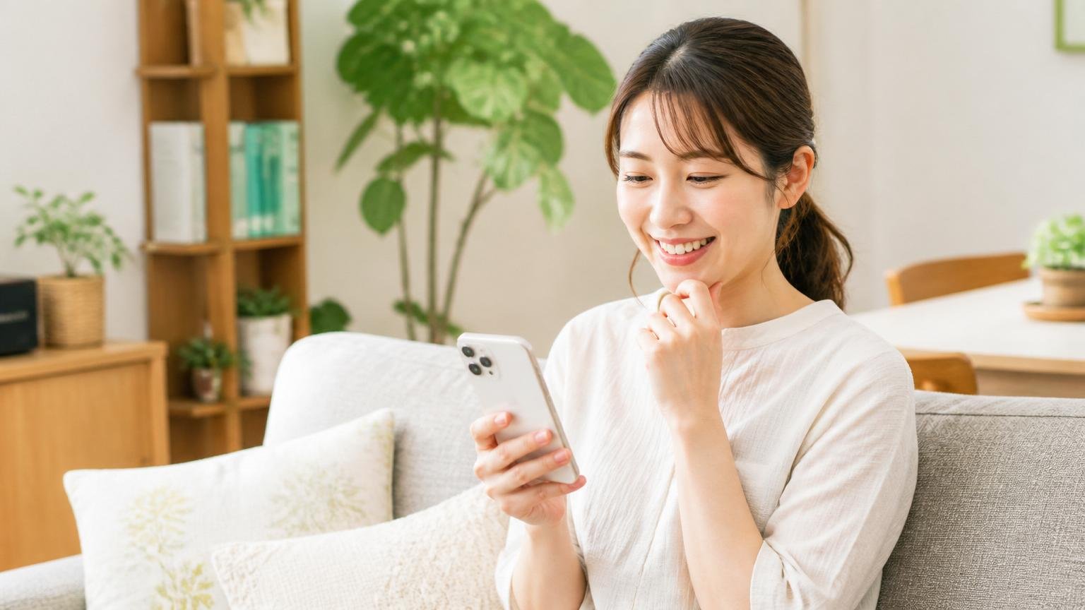 見積もりも出張費も無料の窓口を1社目に入れる 自宅のリビングでスマホから業者に問い合わせる30代女性が安心した表情