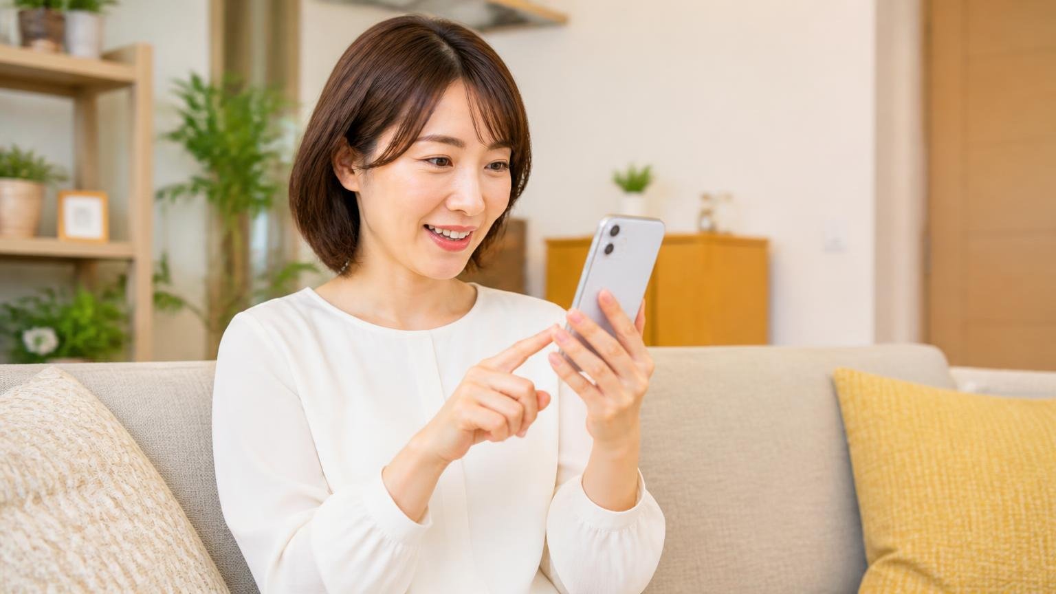 無料相談の窓口をスマホで探す。リビングのソファでスマホを操作する30代女性が前向きな表情