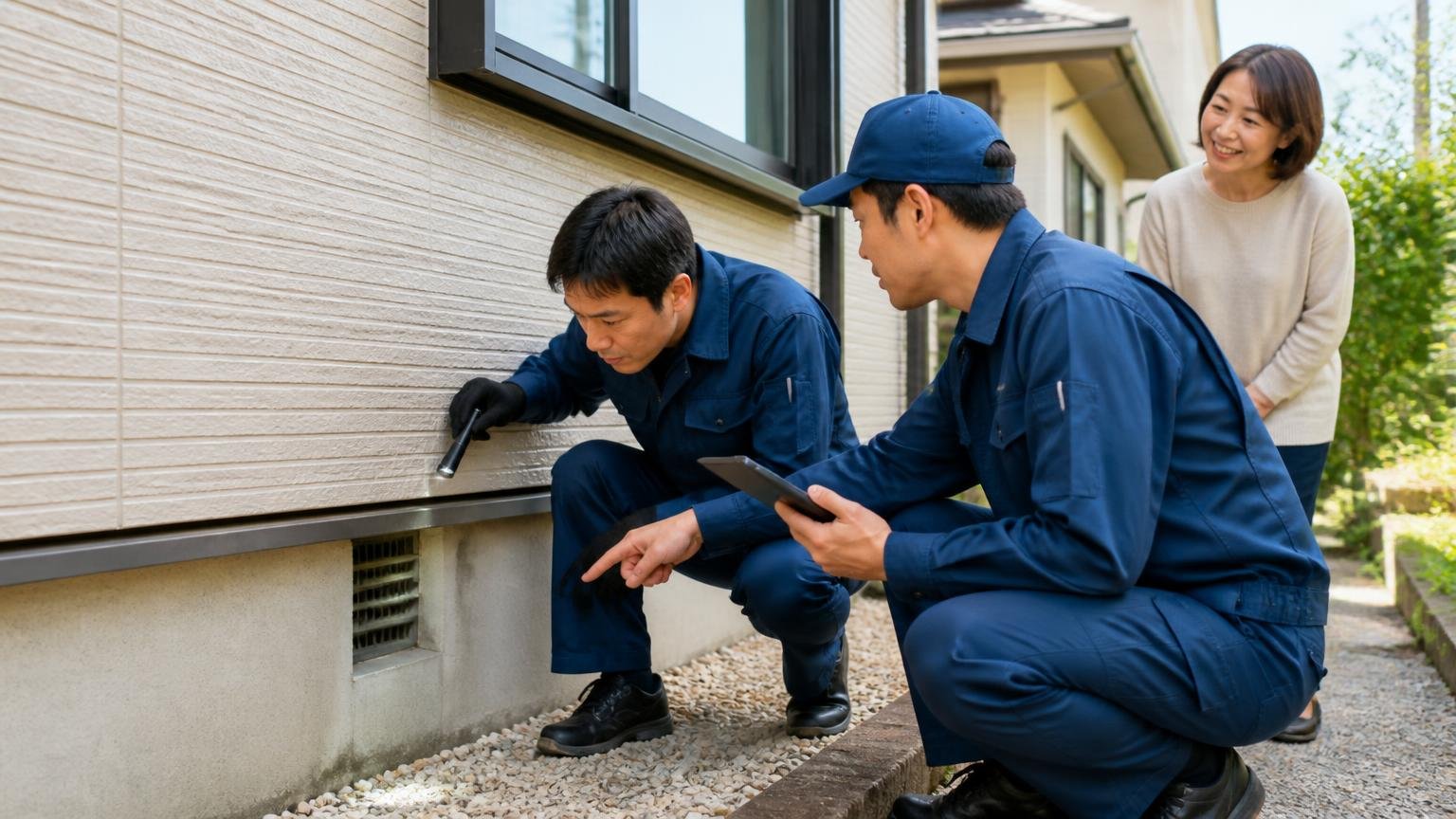 無料見積もりに対応した駆除業者 家の外壁まわりで作業員2人が点検し住人1人が笑顔で見守る