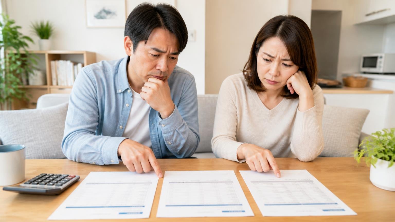 複数見積もりは公的機関も勧める自衛策。リビングで3社の見積書を並べて比べる40代夫婦