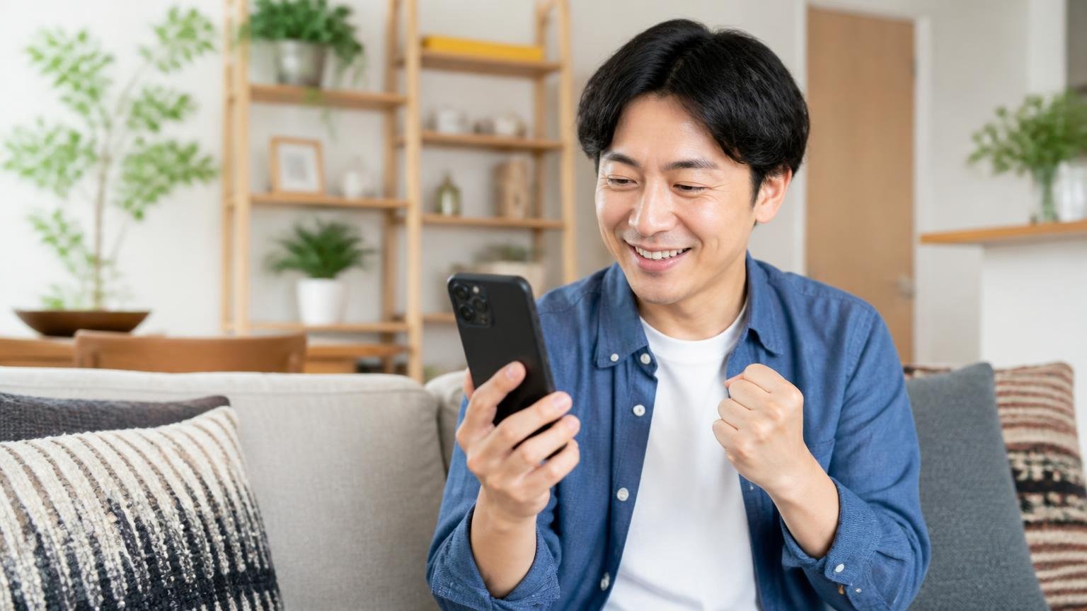 相見積もりの1社目を押さえる。リビングで住人1人がスマホから無料見積もりを申し込み表情が和らぐ