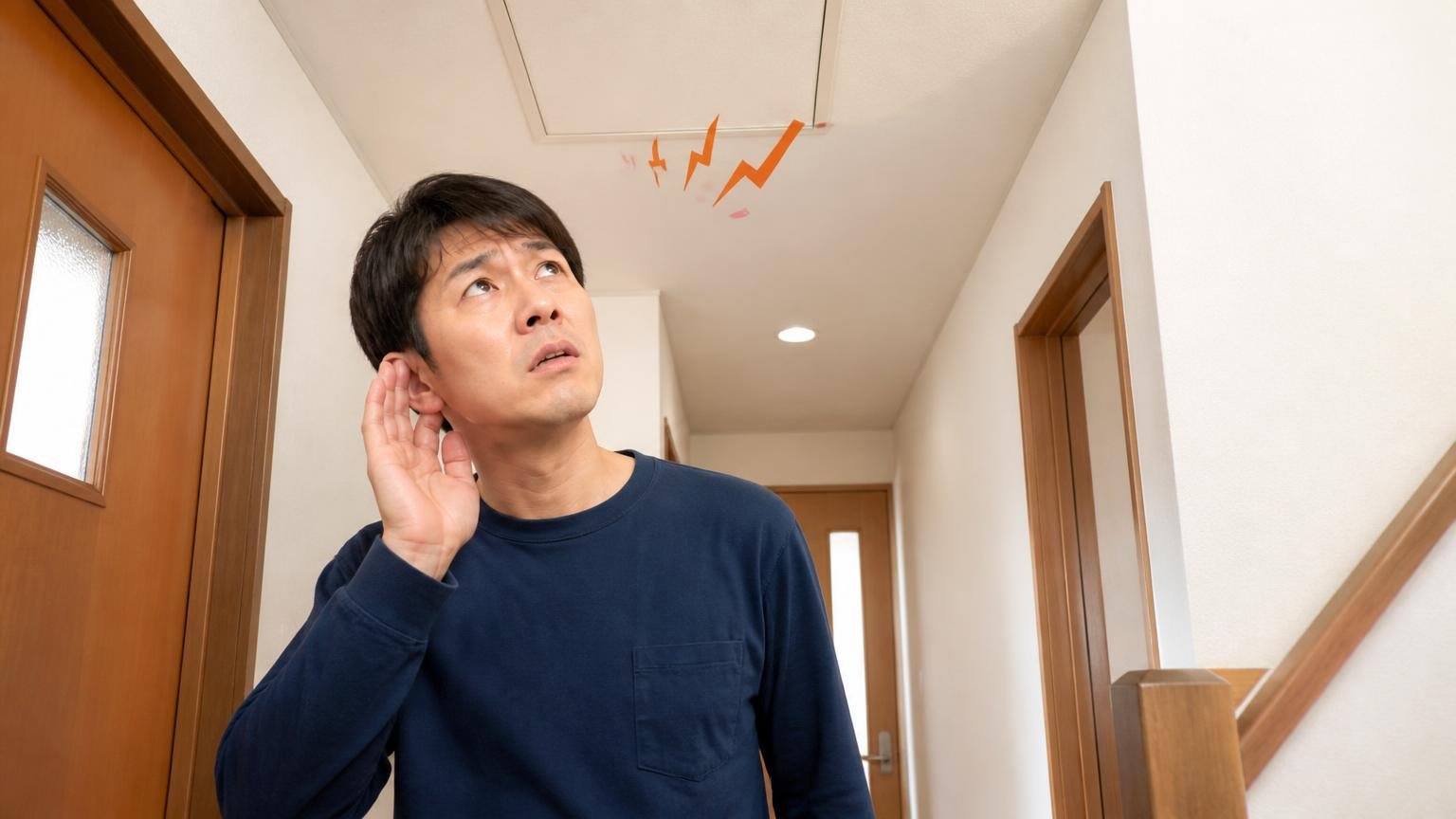 静岡の戸建てで屋根裏の足音に悩む場面。木造戸建ての2階廊下で住人1人が天井を見上げて耳を澄ませる