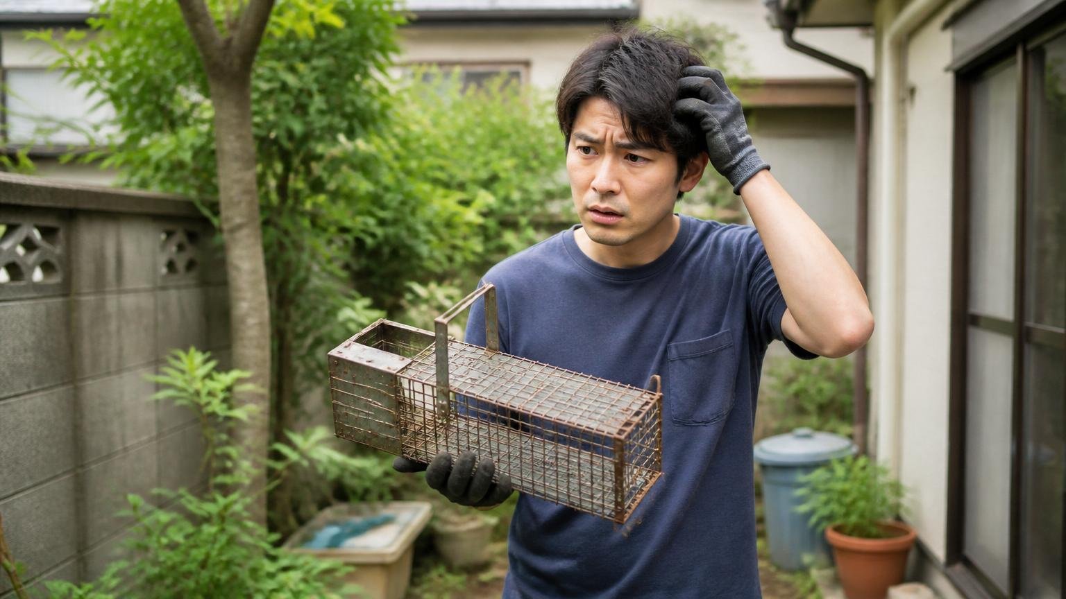 自分で捕まえてはいけない害獣がある 住宅の裏庭で罠を手に立ち尽くす20代男性が困惑した表情