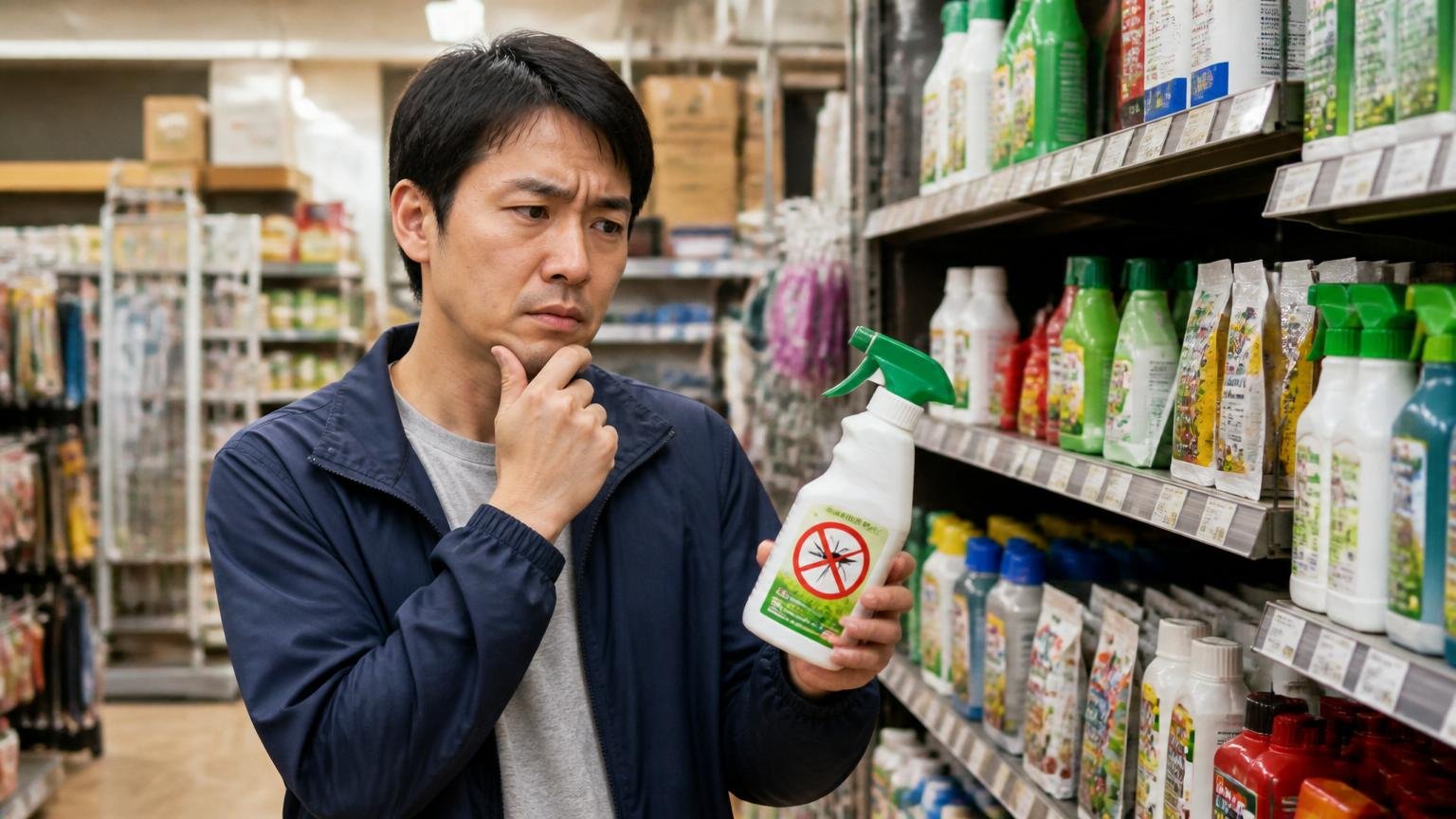 市販グッズは無意味?応急処置として役に立つ場面もある。ホームセンターの売り場で男性1人が忌避剤を手に取り悩む表情