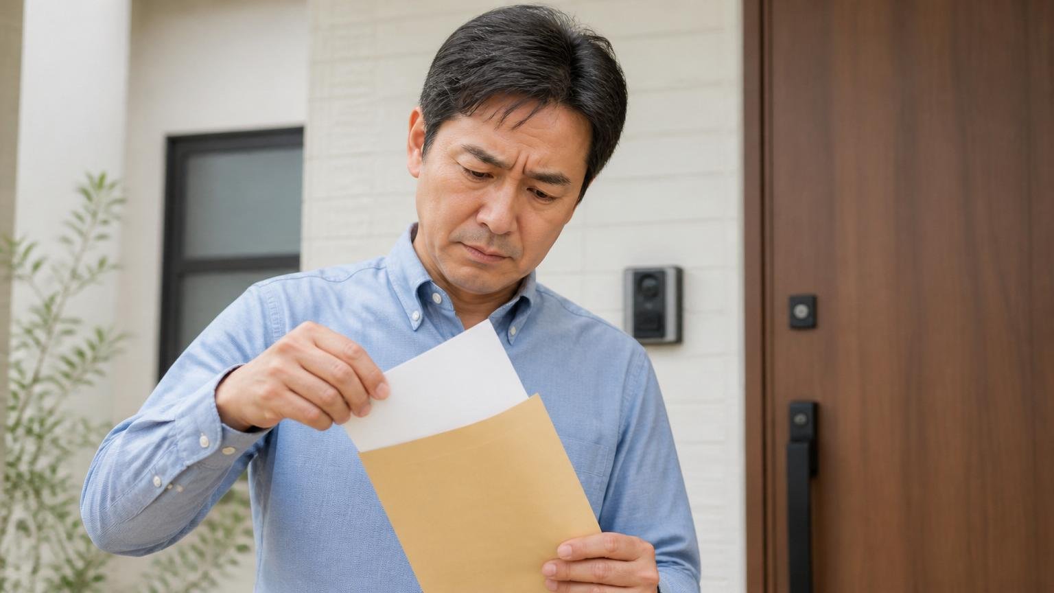 高額な見積もりを見送る場面。住宅の玄関で見積書を封筒に戻しながら考え込む40代男性