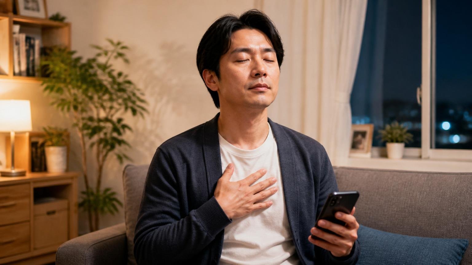 まず落ち着いて緊急性を見極める|夜のリビングでスマホを手にした男性が深呼吸する