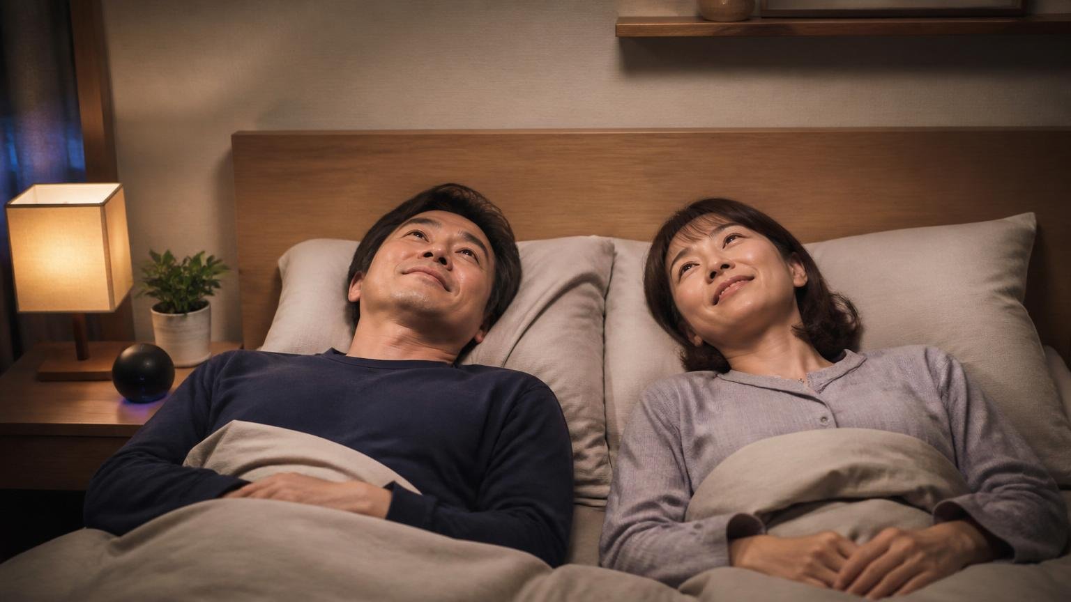 今夜の物音を最後にするために無料で見てもらう。夜の寝室で天井を見上げる夫婦2人が安堵の表情を浮かべる