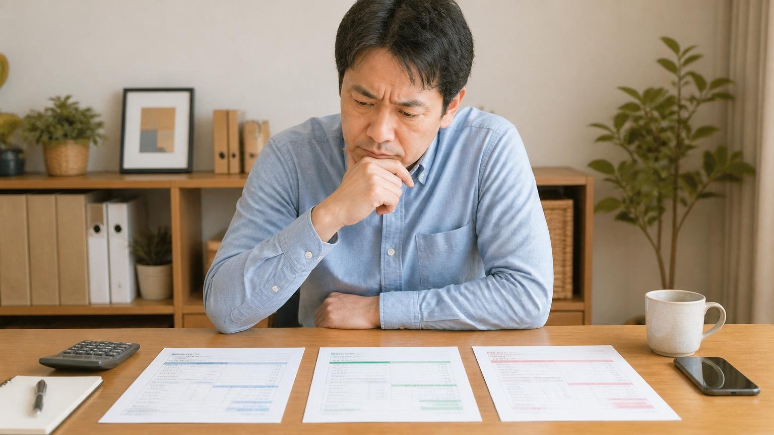表示料金は媒体でバラバラ。ダイニングで3枚の見積書を並べて見比べる40代男性