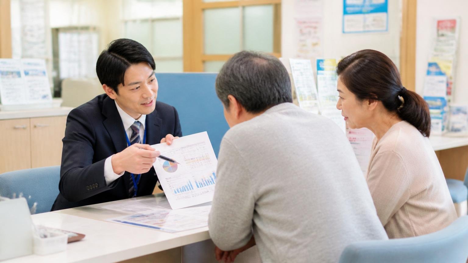 公的な相談データが示すこと。市役所の相談窓口で職員1人が住民2人に資料を見せて説明する