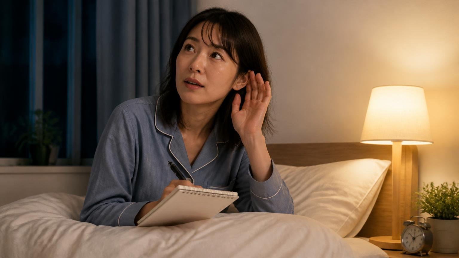 夜の寝室で天井の音をメモする場面。ベッドの上でノートに書き込む30代女性1人が耳を澄ませる