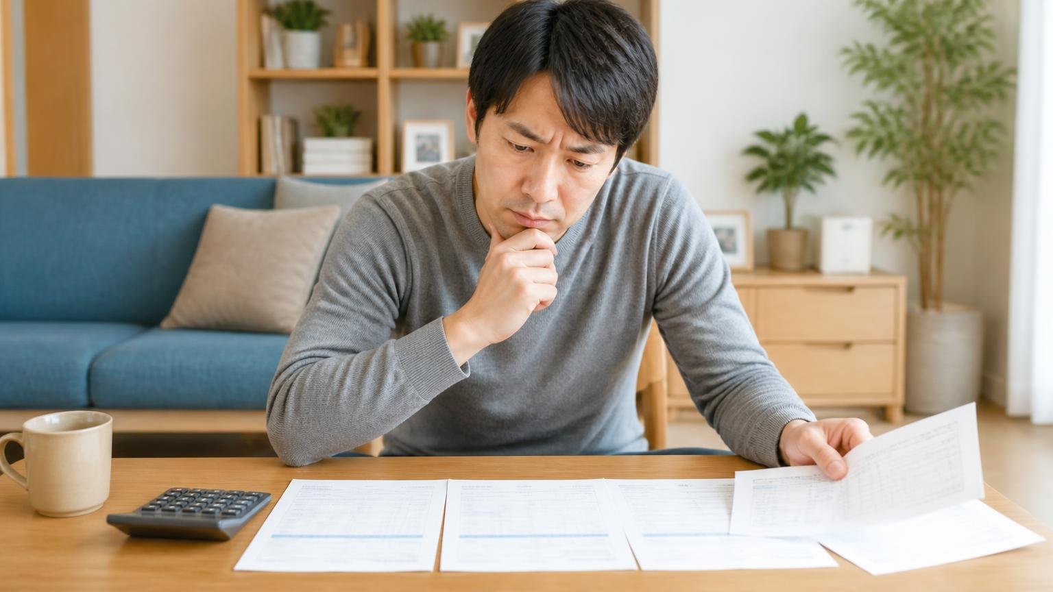 相見積もりの2社目を選ぶ。リビングで複数の見積書を並べる男性1人が比較する