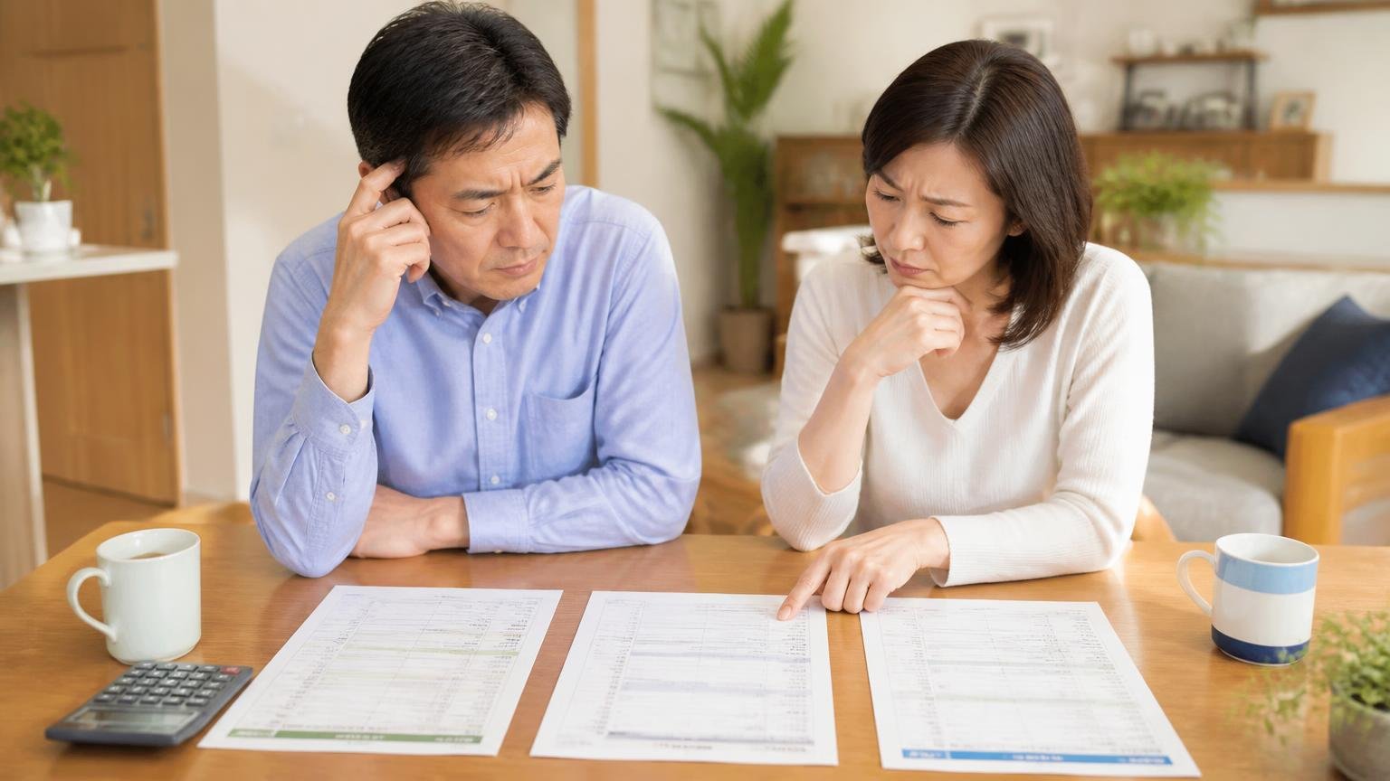 相見積もりで必ずそろえるべき5項目 リビングのテーブルに3社の見積書を並べて見比べる40代夫婦2名