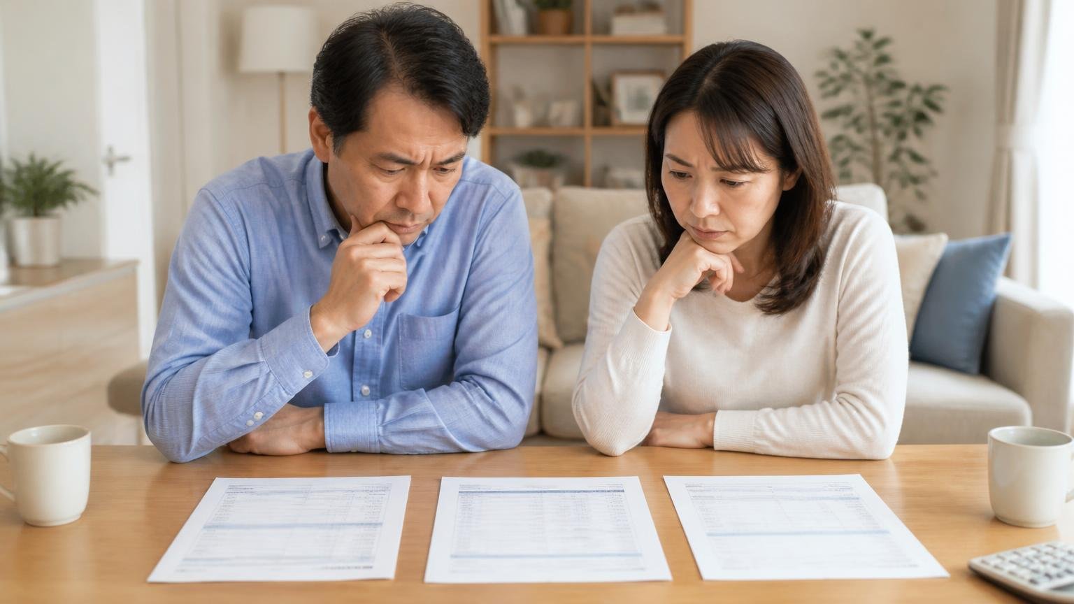 相見積もりの2社目3社目に入れておきたい駆除業者、リビングで3枚の見積書を並べて見比べる夫婦2人が真剣な表情