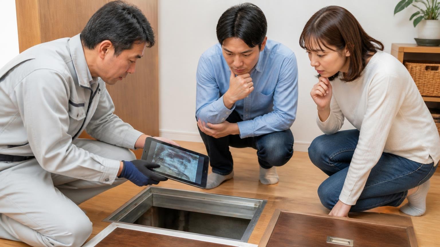 現地調査で見てもらう場所と聞くこと。住宅の床下点検口で作業員と住人2人が調査写真を確認する