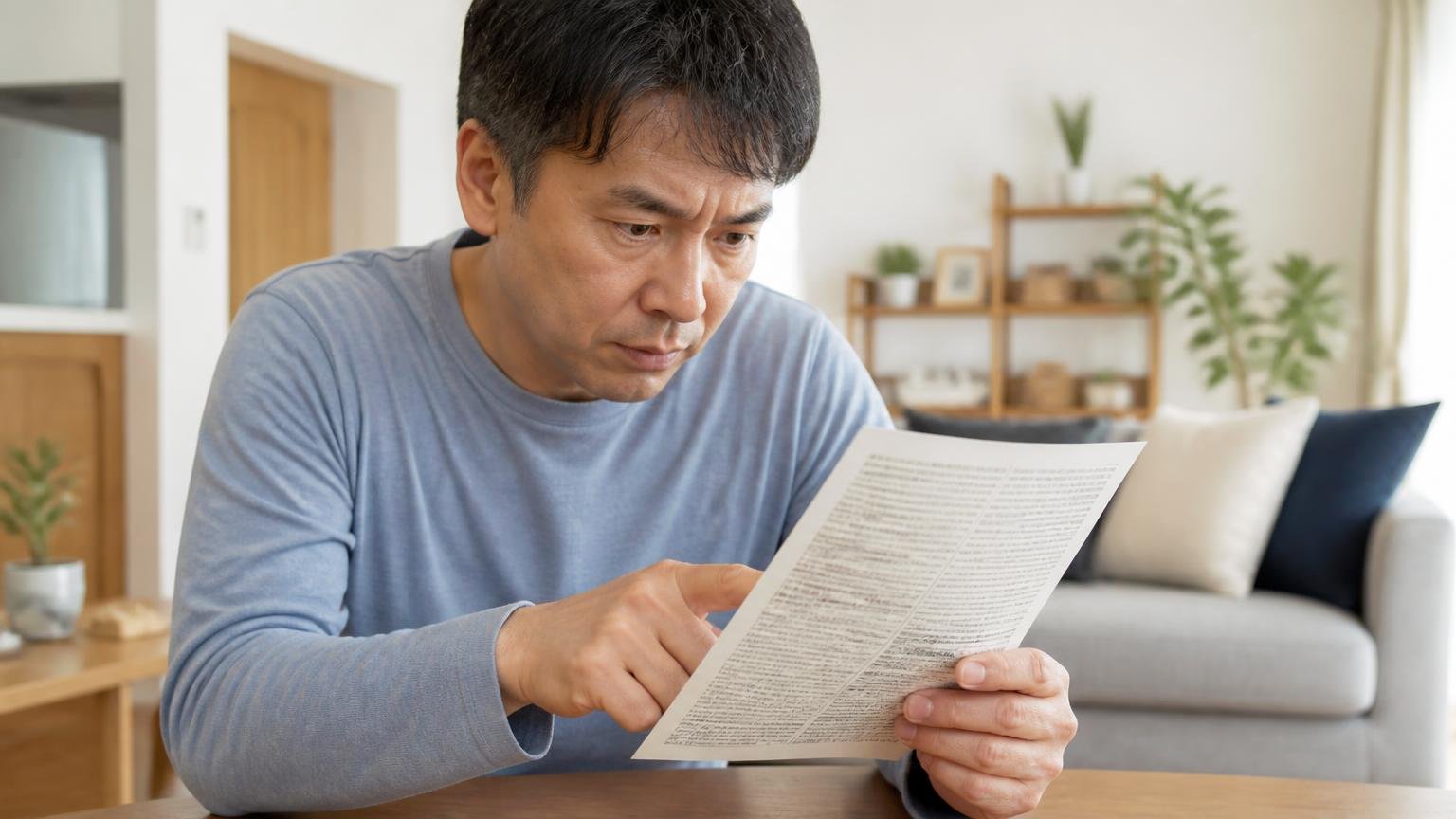 保証は年数ではなく適用されない条件を見る。リビングで保証書の細かい文字を指でたどる住人1人が真剣な表情