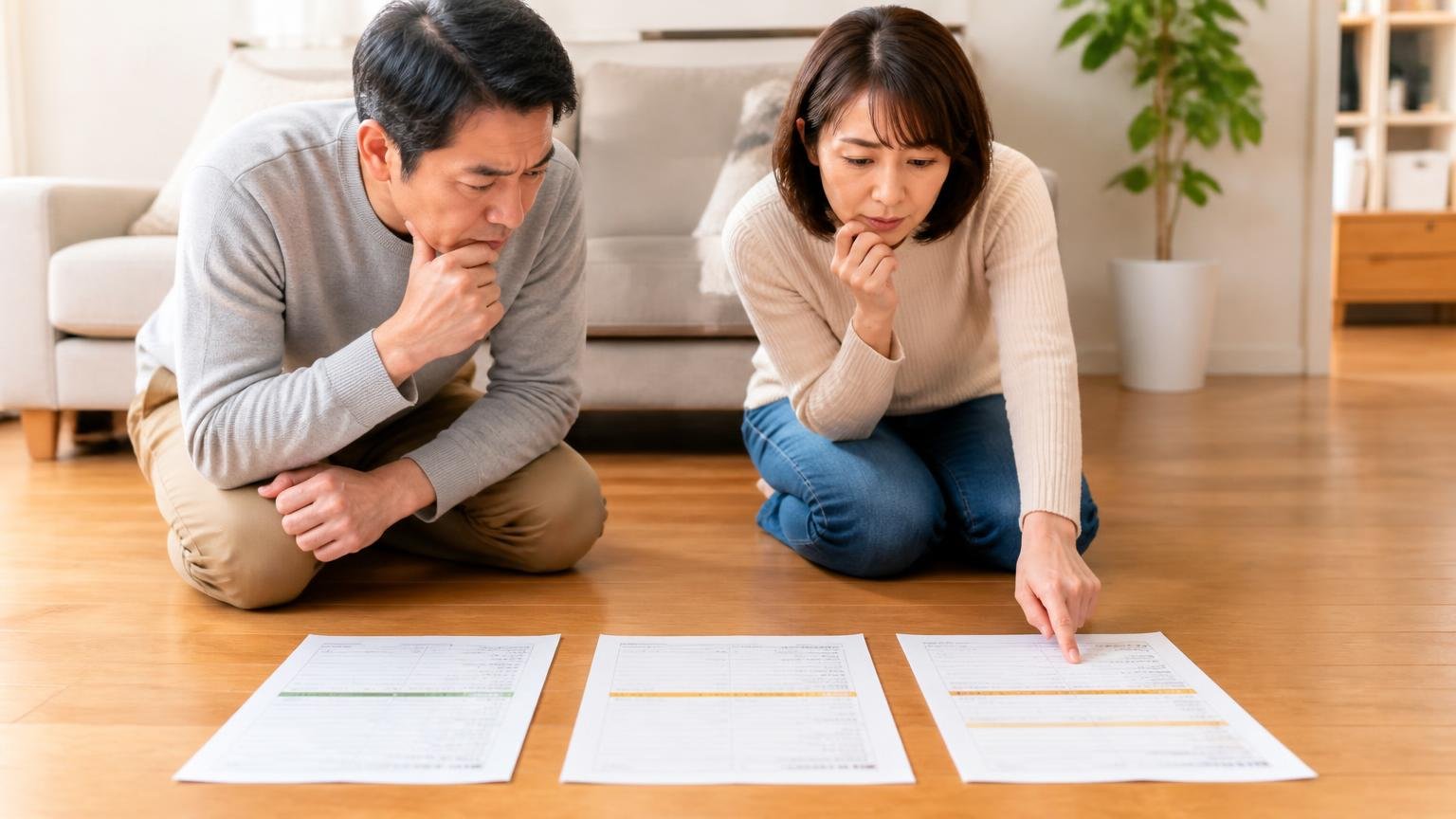 相見積もりで比べるのは総額ではなく工程。リビングの床に3枚の見積書を並べて夫婦2人が見比べる