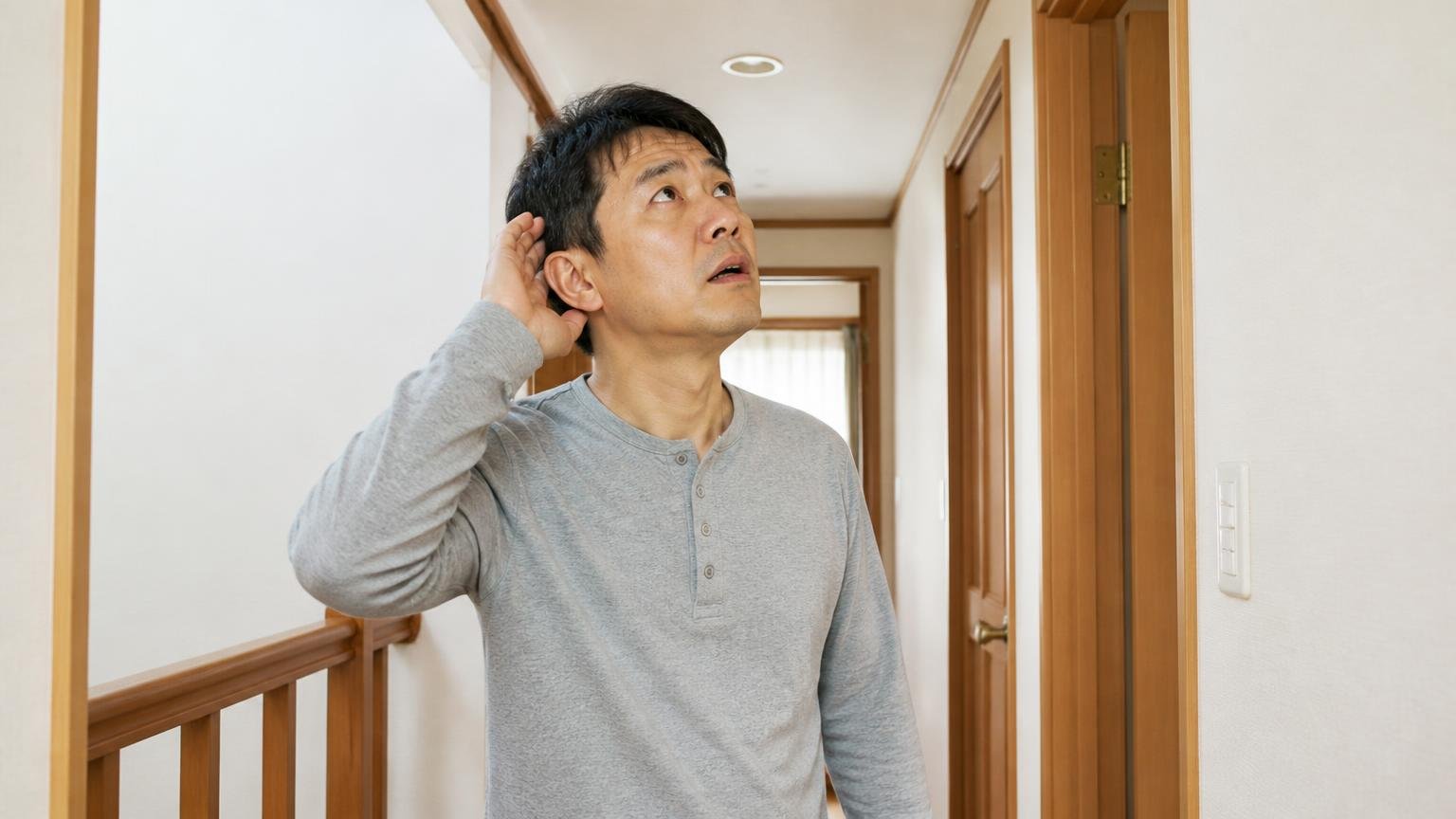 天井裏の音の正体を確かめる場面。木造戸建ての2階廊下で天井を見上げて耳を澄ます40代男性1人