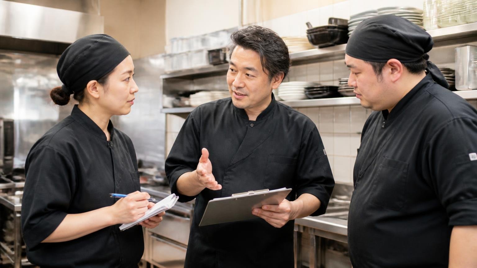 向いているのはこんな人|飲食店の厨房で衛生管理の打ち合わせをする店主と作業員2人