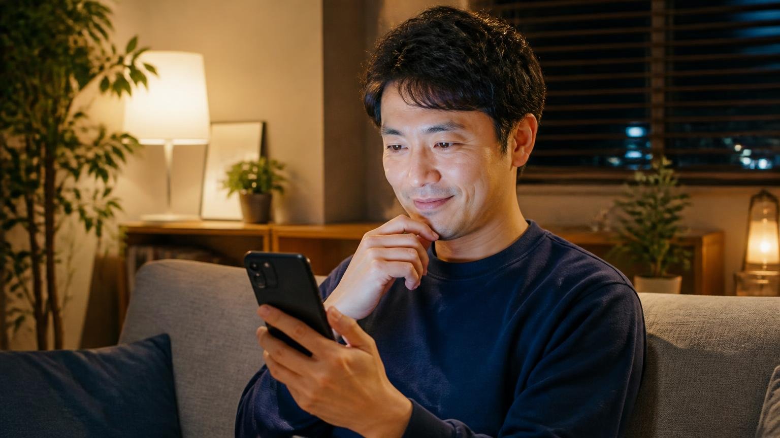 比較用の見積もりを申し込む場面、夜のリビングで男性1人がスマホを手に少しほっとした表情を浮かべている