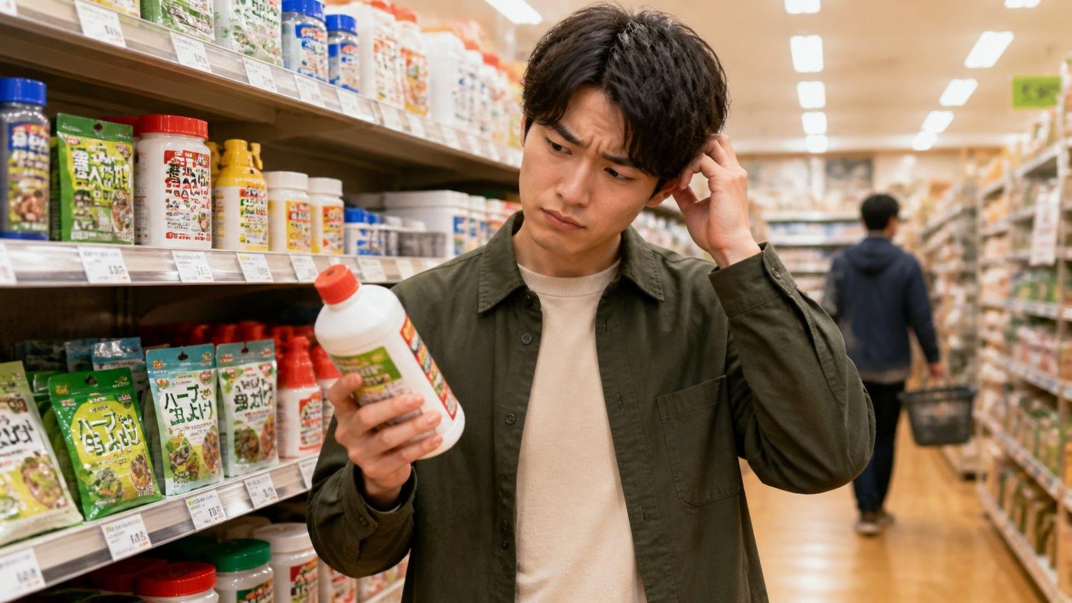 市販グッズは無駄なのか検証する ホームセンターの売り場で忌避剤を手に迷う20代男性が首をかしげる