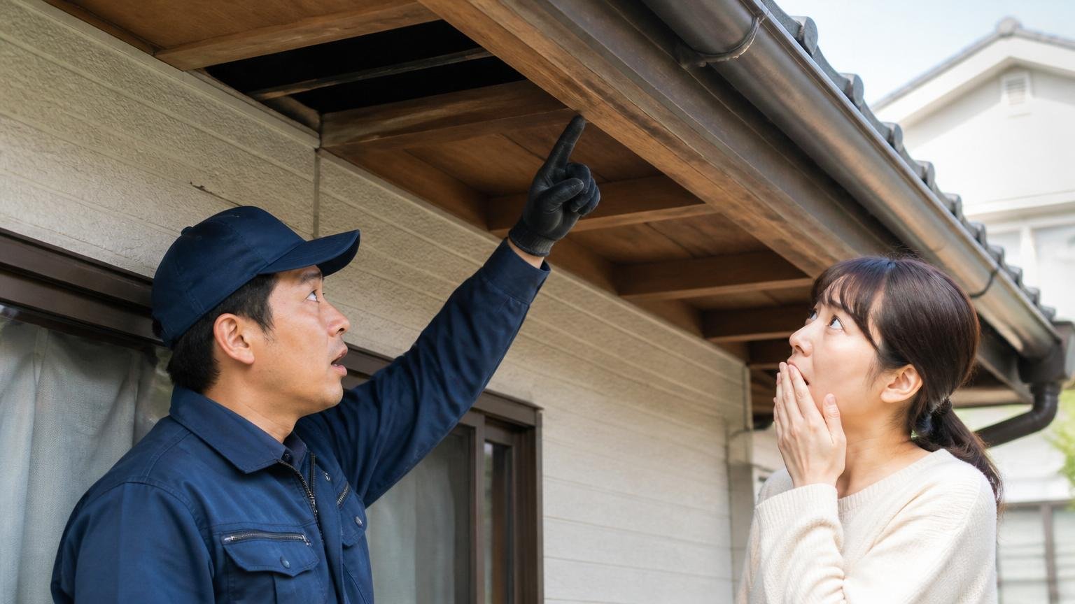 見落とされた侵入口が見つかる場面。木造戸建ての軒下の隙間を指さす作業員と、驚いて口元を押さえる女性