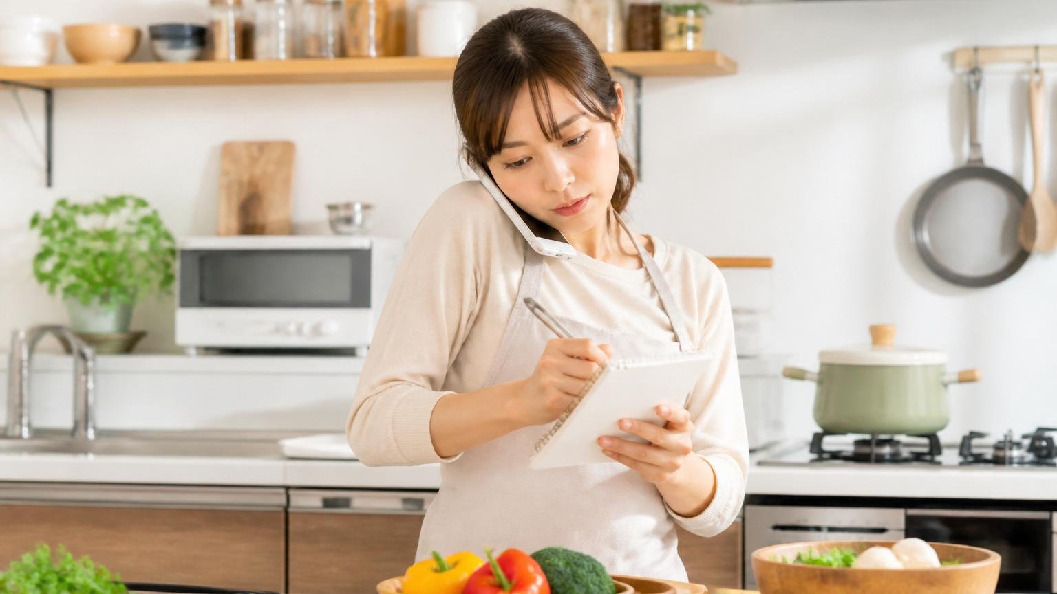 電話で必ず聞く4項目|キッチンでメモを取りながら電話する30代女性