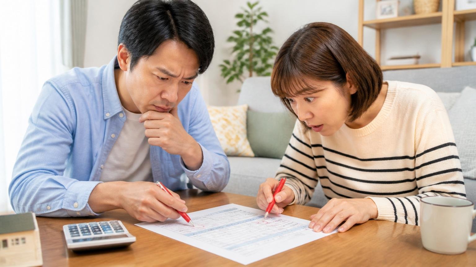見積書で確認する3つの項目。リビングで住人2人が見積書に赤ペンで印を付ける