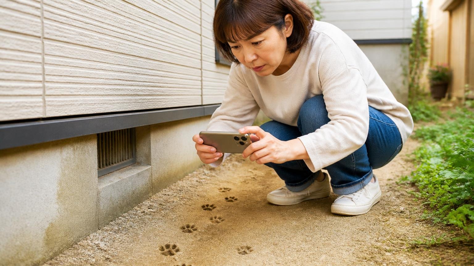 庭の足あとをスマホで撮影する場面。家の外壁まわりでしゃがみ込む40代女性1人が真剣に画面を確認する