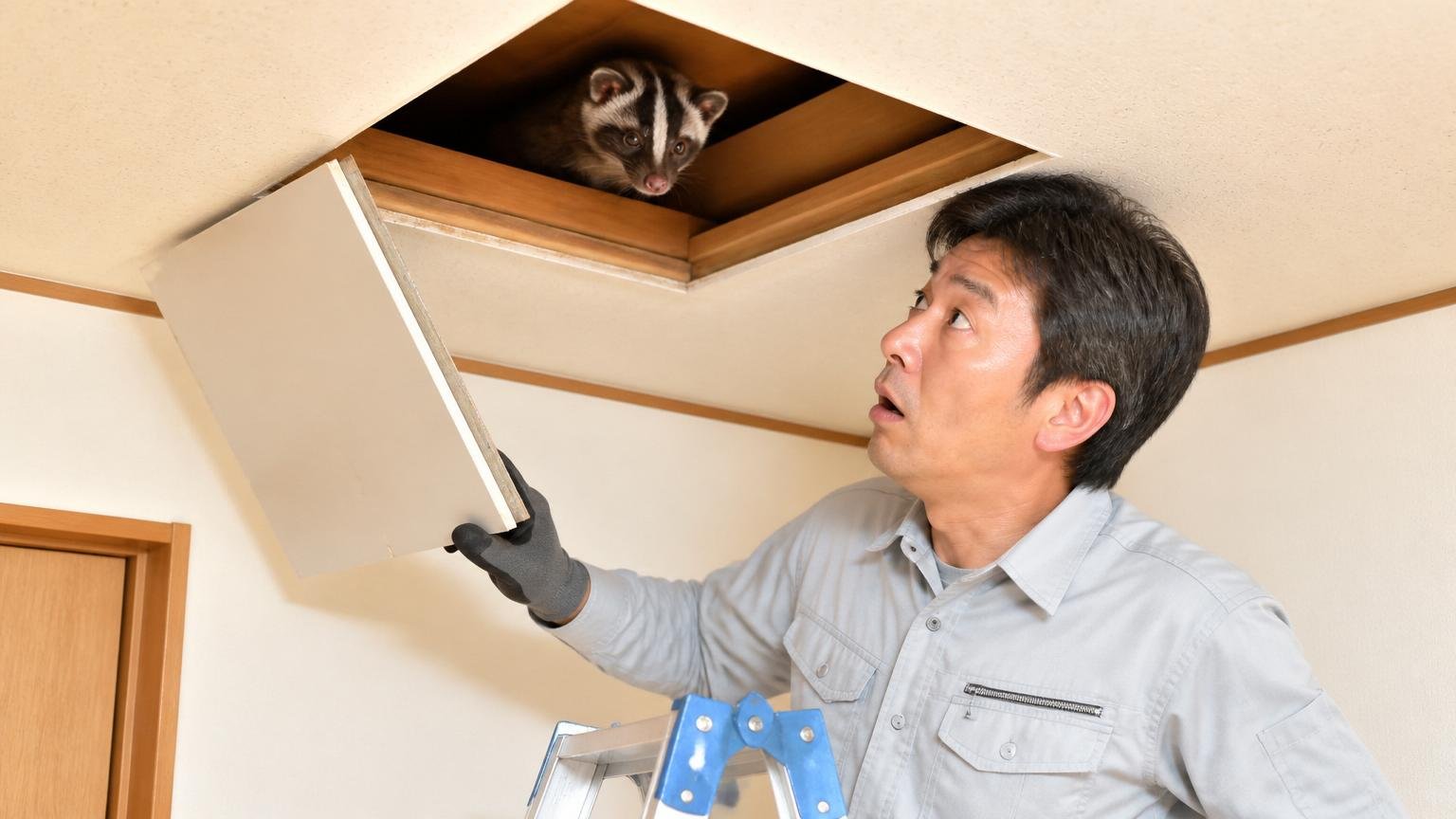 ハクビシンは許可なく捕まえられない|自宅の天井裏の点検口をのぞく脚立の上|40代男性1人|手を止め驚いた表情