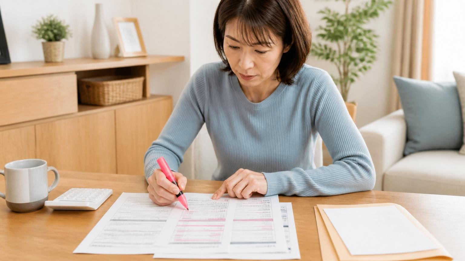 見積書で必ず確認する5項目。リビングのテーブルで40代女性1人が見積書に蛍光ペンで印をつける