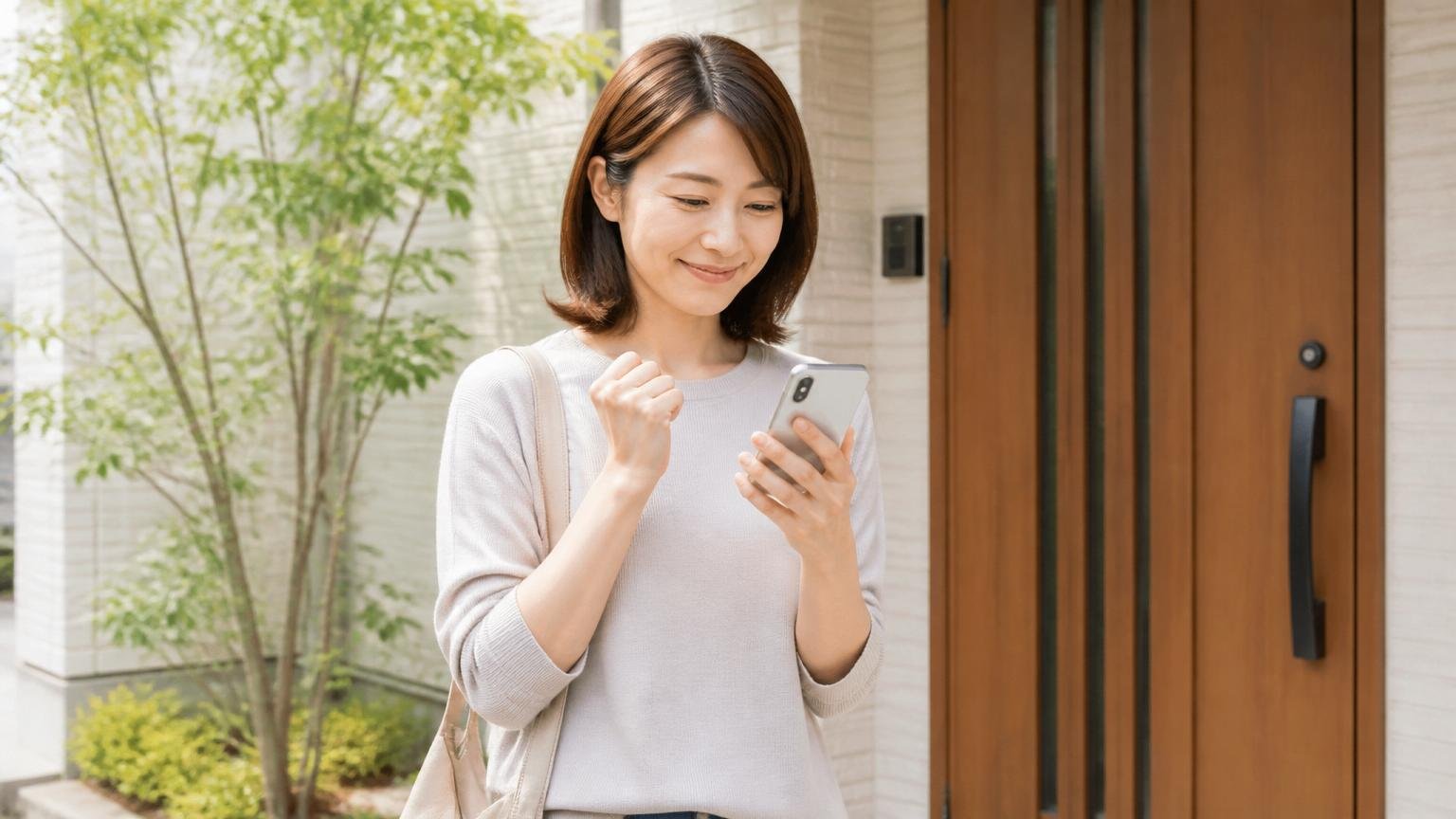 比較の1社目に入れておきたい無料見積もりの窓口 玄関前でスマホを持ちほっとした表情の30代女性1名