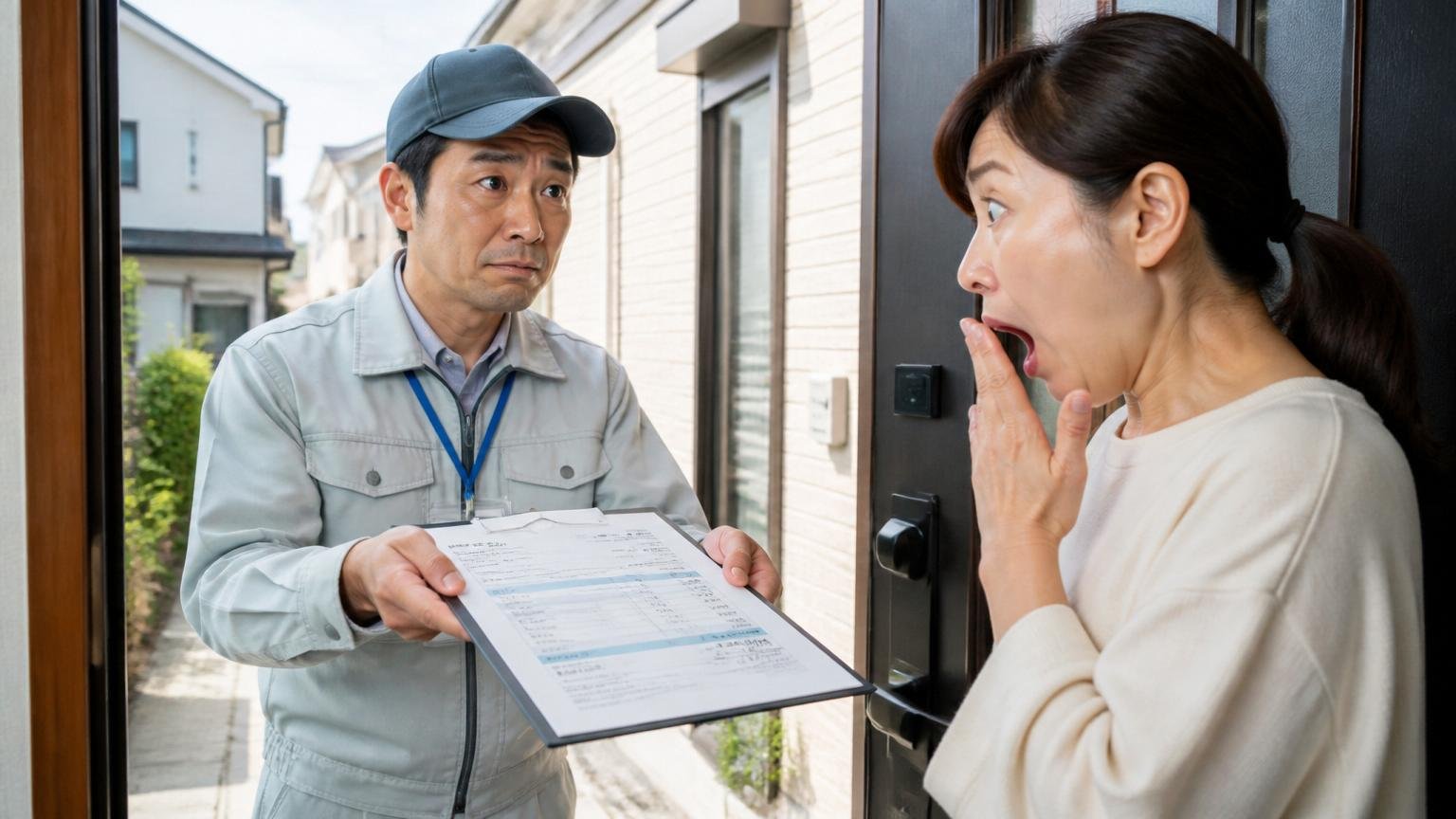 〇〇円〜の表示だけで呼ばない 住宅の玄関先で作業員1人が高額な見積書を差し出し住人1人が絶句する