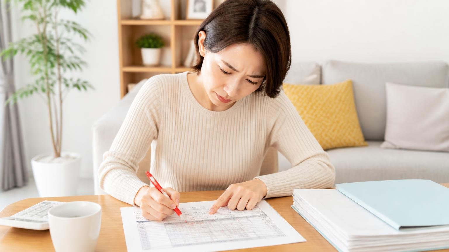 見積書で必ず確認する5項目。リビングのテーブルで見積書に赤ペンで印をつける30代女性1人