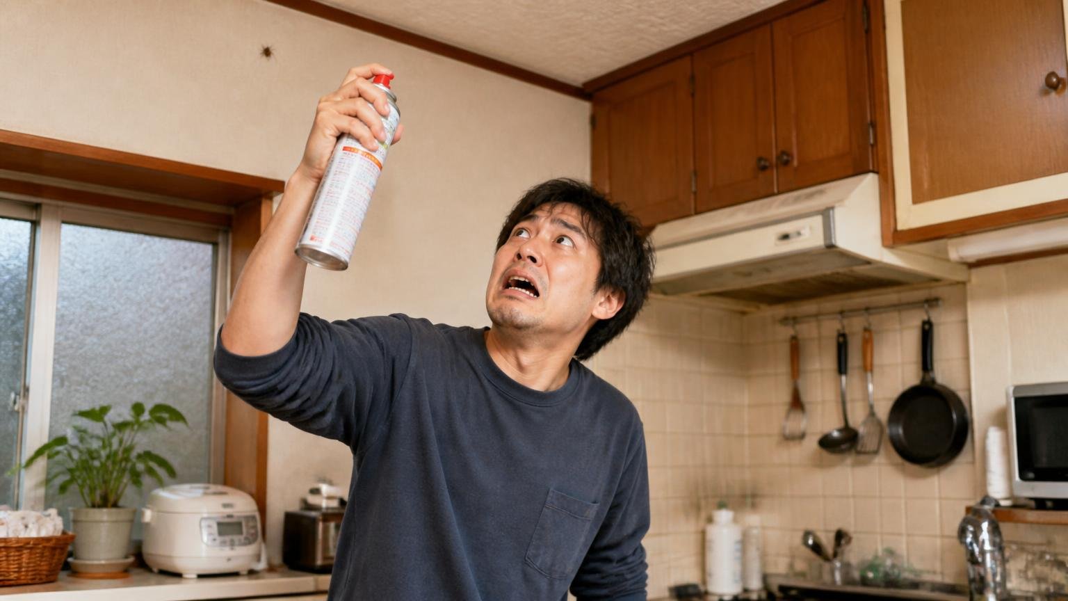 自力でできることとできないことの境界。木造戸建ての台所で男性1人が市販の駆除グッズを手にして天井を見上げる