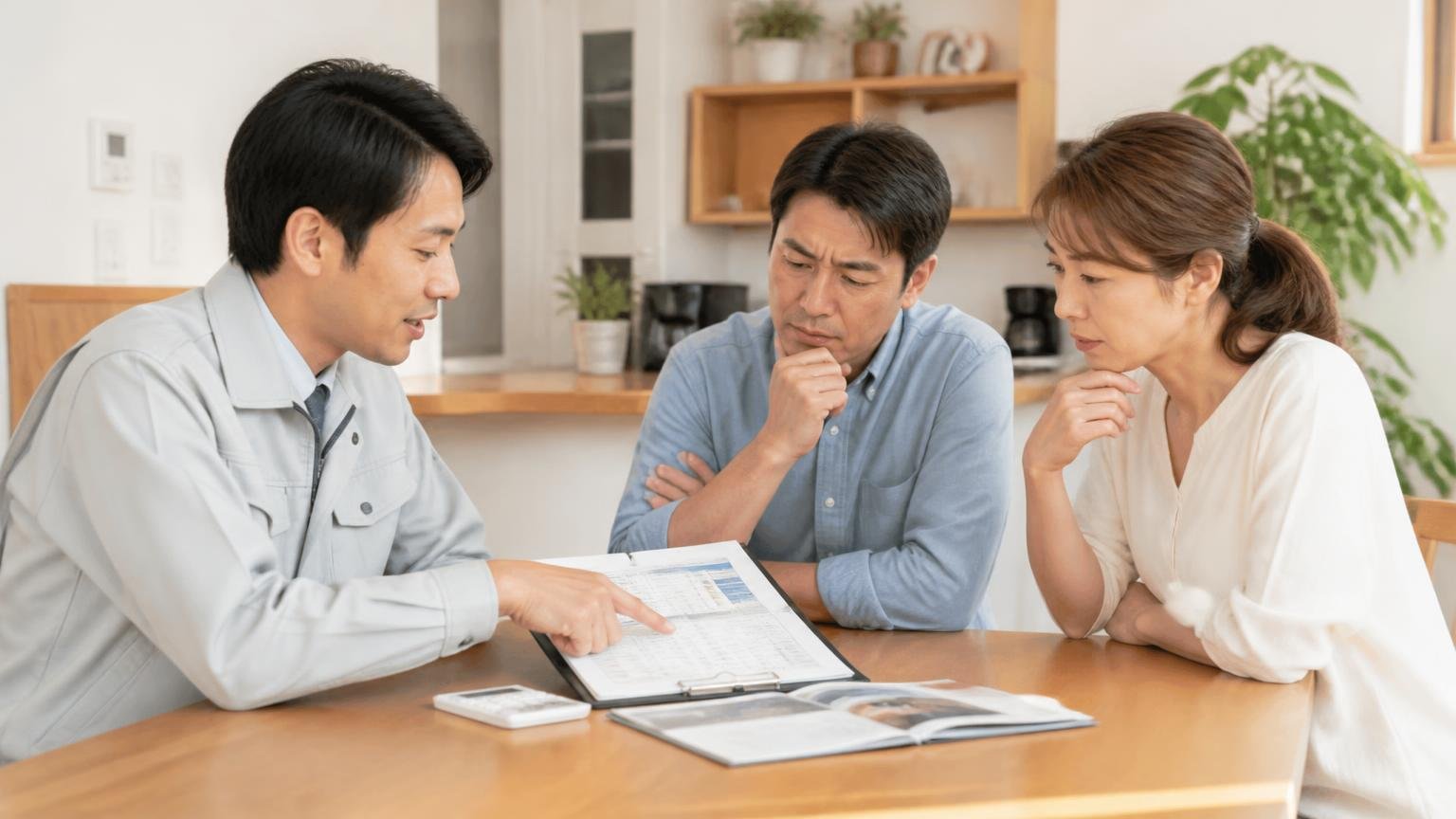 施工範囲や追加料金など残り4つの確認項目。ダイニングで作業員1人が住人2人に見積書の内訳を説明